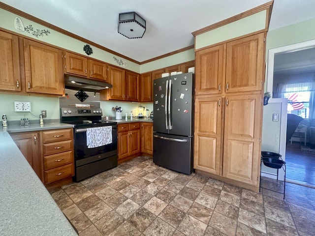 20 Patrick St, Skowhegan, ME 04976 - kitchen featuring appliances with stainless steel finishes, under cabinet range hood, light stone finish flooring, ornamental molding, and light countertops