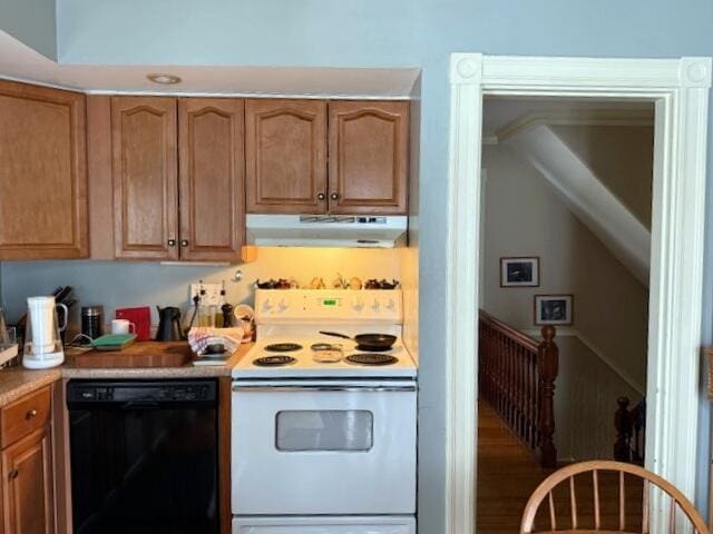 kitchen with black dishwasher, light countertops, under cabinet range hood, and electric range