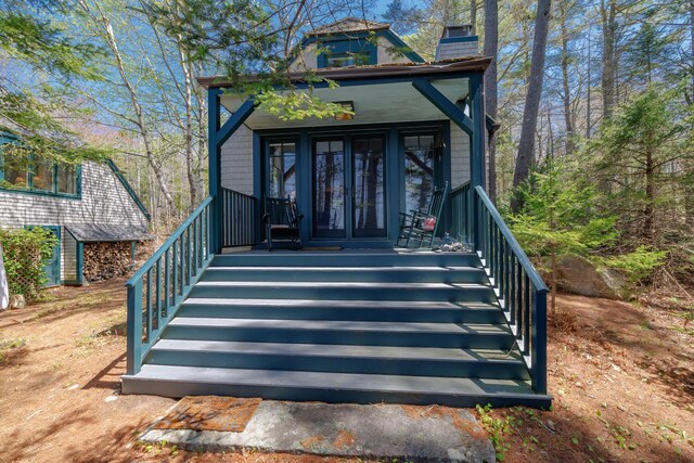 8 Spring Ln, Mount Desert, ME 04660 - exterior space featuring a chimney, covered porch, and french doors