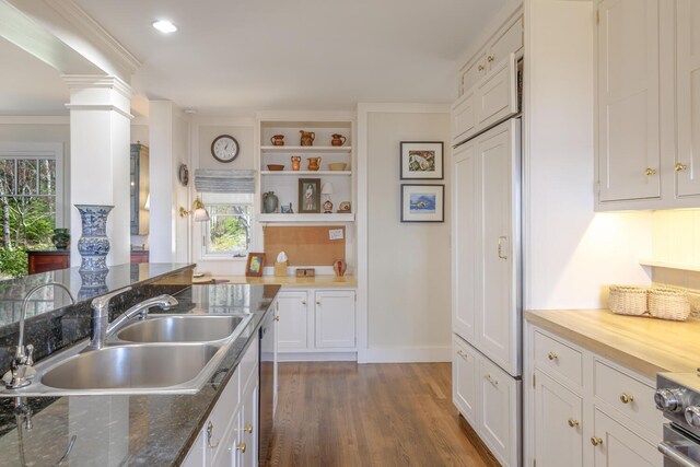 8 Spring Ln, Mount Desert, ME 04660 - kitchen with a sink, ornate columns, white cabinets, dark wood finished floors, and open shelves
