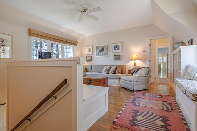 8 Spring Ln, Mount Desert, ME 04660 - living room featuring a ceiling fan, wood finished floors, plenty of natural light, and lofted ceiling