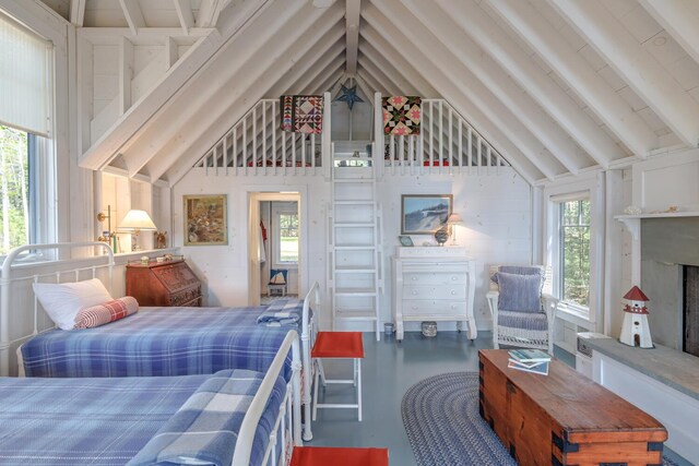 8 Spring Ln, Mount Desert, ME 04660 - bedroom with lofted ceiling and finished concrete flooring