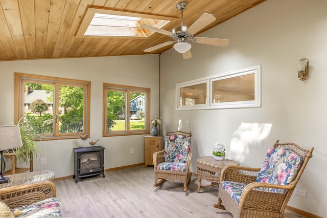 51 Beaver Dam Rd, South Berwick, ME 03908 - sitting room featuring a wood stove, wooden ceiling, lofted ceiling, a ceiling fan, and light wood-style floors
