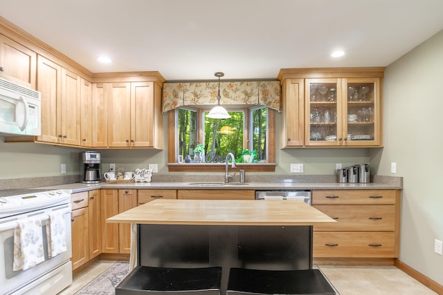 51 Beaver Dam Rd, South Berwick, ME 03908 - kitchen with white appliances, a sink, light brown cabinets, butcher block counters, and recessed lighting