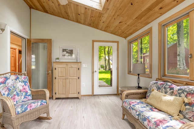 51 Beaver Dam Rd, South Berwick, ME 03908 - living area featuring lofted ceiling, light wood-style flooring, baseboards, wooden ceiling, and a skylight