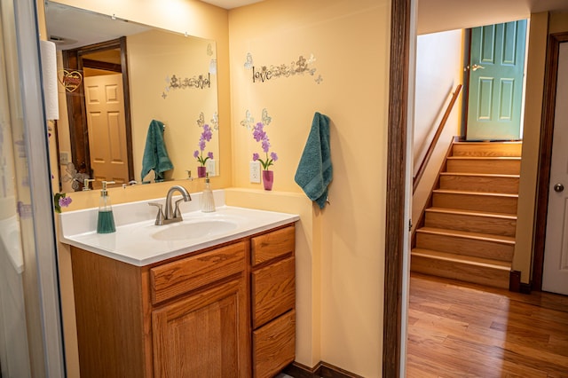 bathroom with wood finished floors and vanity