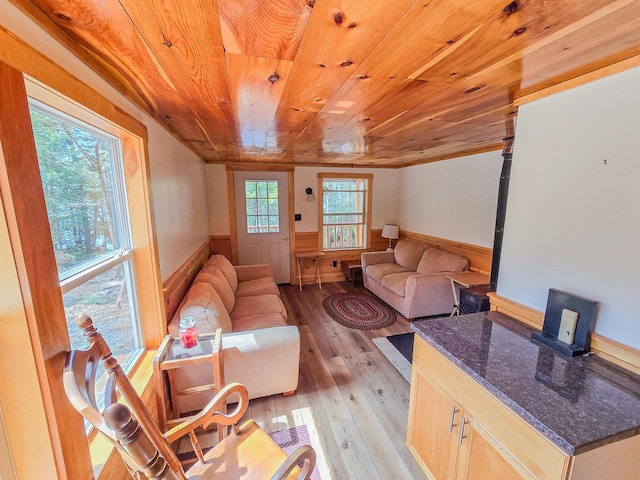 living room featuring a wood stove, wainscoting, wood walls, light wood-type flooring, and wood ceiling