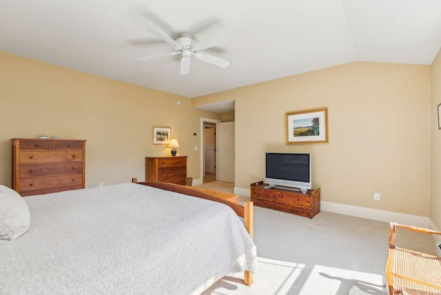 bedroom with carpet floors, baseboards, ceiling fan, and lofted ceiling