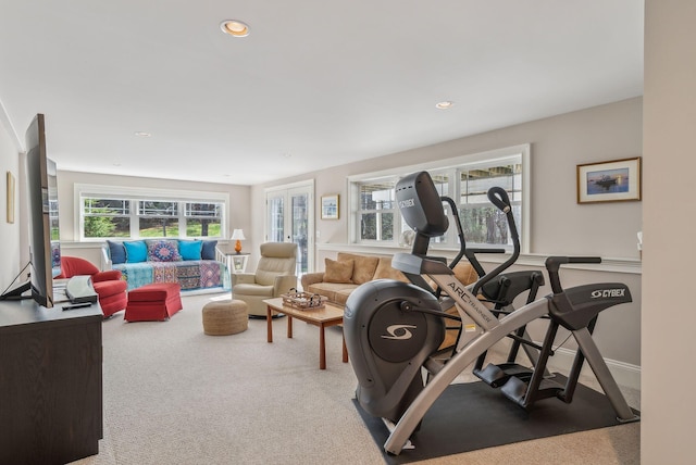 workout area with recessed lighting and carpet