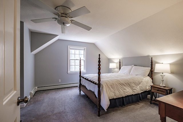 carpeted bedroom featuring a ceiling fan, baseboards, vaulted ceiling, and baseboard heating