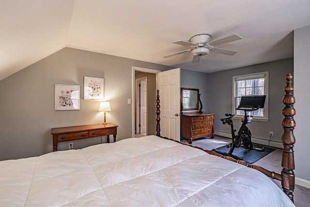 carpeted bedroom with baseboards, a baseboard radiator, ceiling fan, and lofted ceiling