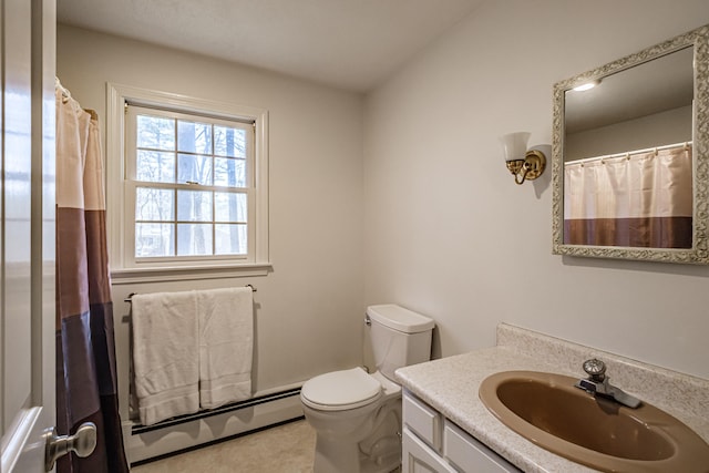 full bathroom with vanity, baseboard heating, toilet, and a shower with shower curtain