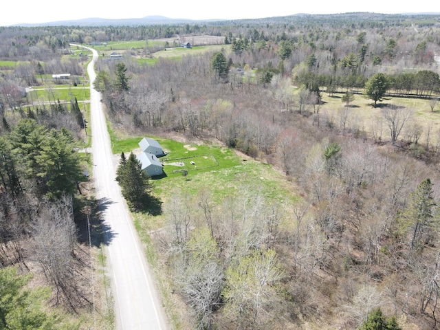 drone / aerial view featuring a wooded view and a rural view
