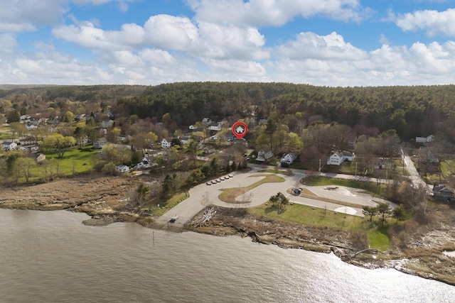 bird's eye view featuring a water view and a forest view