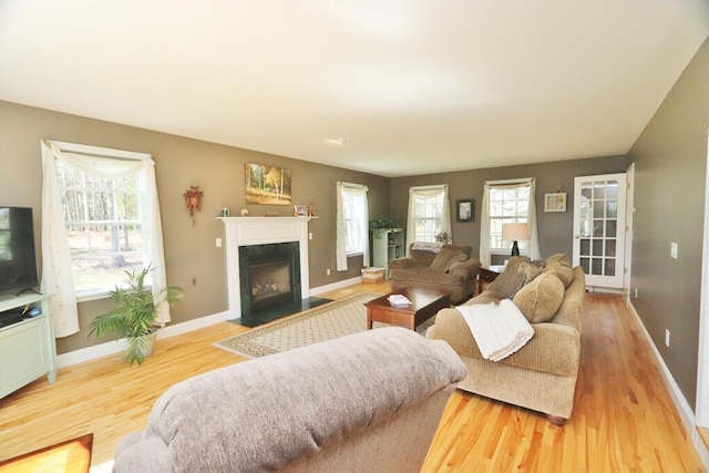 living area featuring baseboards, light wood finished floors, and a fireplace