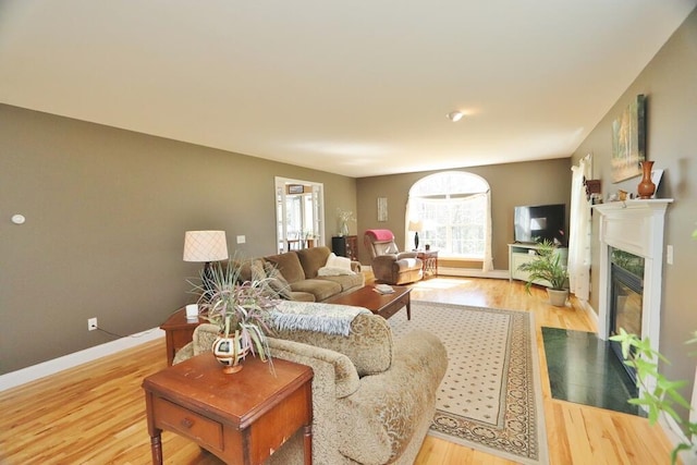 living area with baseboards, a fireplace, and wood finished floors
