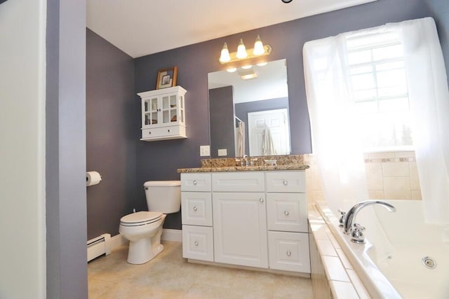 full bathroom with vanity, toilet, baseboard heating, a whirlpool tub, and tile patterned floors