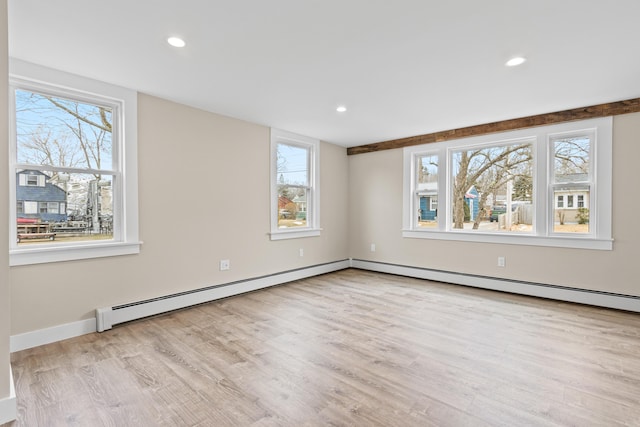 spare room with recessed lighting, wood finished floors, and a baseboard radiator