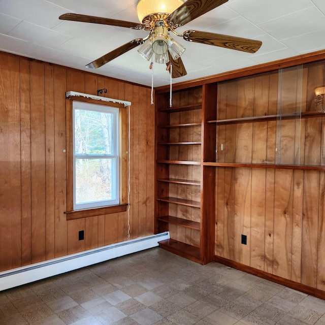 34 Chase Ave, Mexico, ME 04257 - spare room featuring baseboard heating, wooden walls, tile patterned floors, a ceiling fan, and baseboards