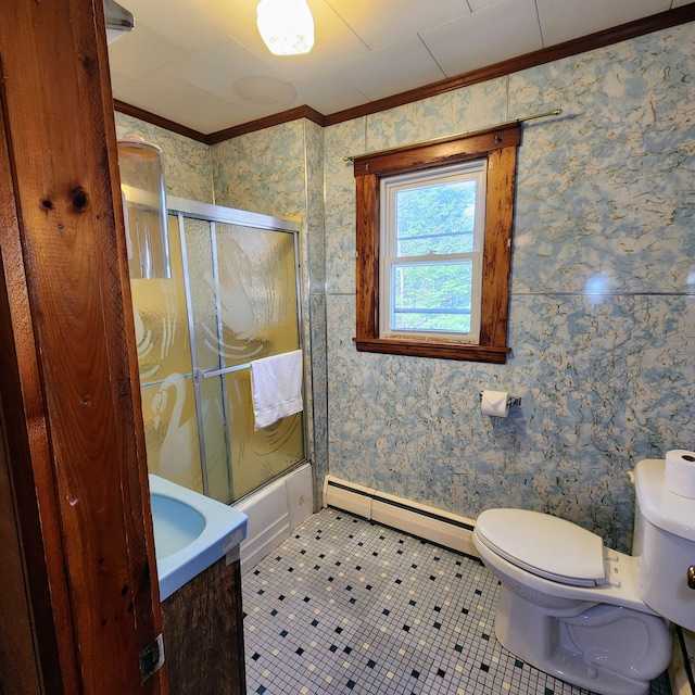34 Chase Ave, Mexico, ME 04257 - bathroom with crown molding, toilet, a baseboard radiator, tile patterned flooring, and enclosed tub / shower combo