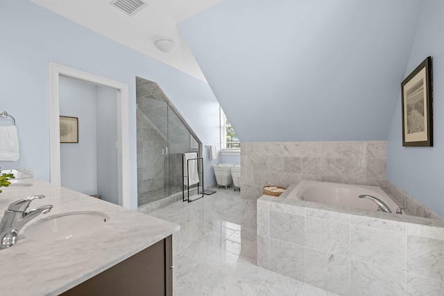 75 Clearwater Dr Unit 305, Falmouth, ME 04105 - full bathroom featuring visible vents, vanity, marble finish floor, a freestanding tub, and a shower stall