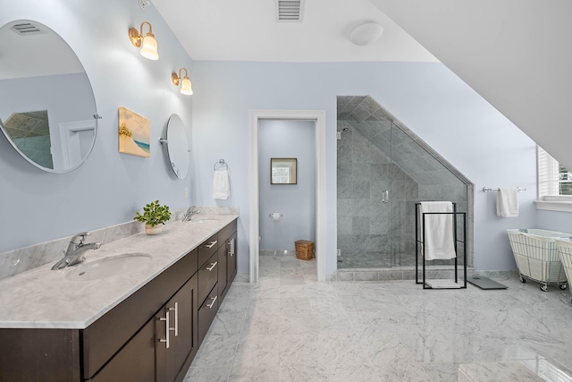 75 Clearwater Dr Unit 305, Falmouth, ME 04105 - full bath with visible vents, a shower stall, a sink, and marble finish floor