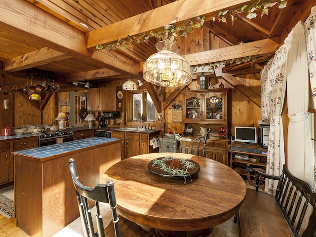 dining area featuring an inviting chandelier, beam ceiling, wooden walls, and wooden ceiling