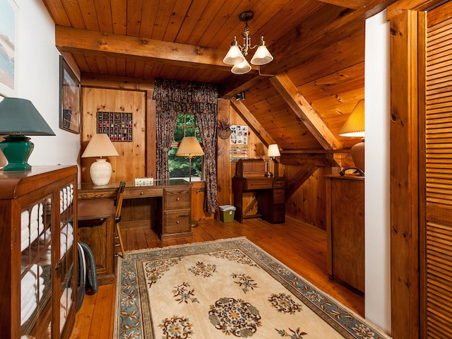 interior space featuring wood-type flooring, wood walls, vaulted ceiling with beams, wood ceiling, and a chandelier