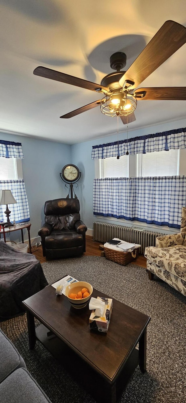 living area featuring radiator, baseboards, a ceiling fan, and a wealth of natural light
