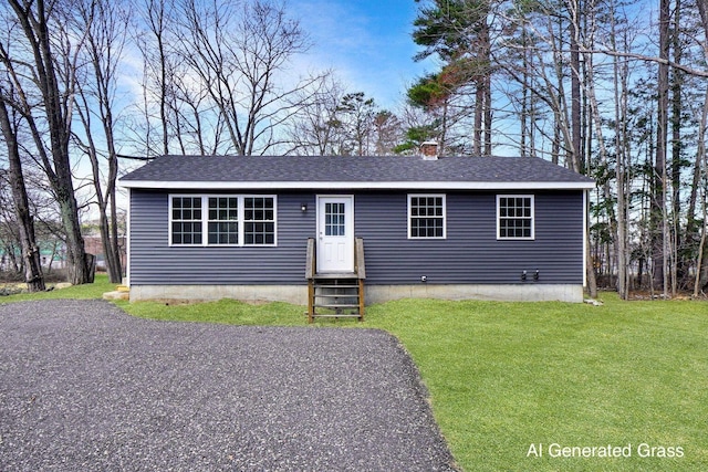 12 Marble Ln, Dixfield, ME 04224 - view of front of property featuring entry steps, a front lawn, a chimney, and roof with shingles