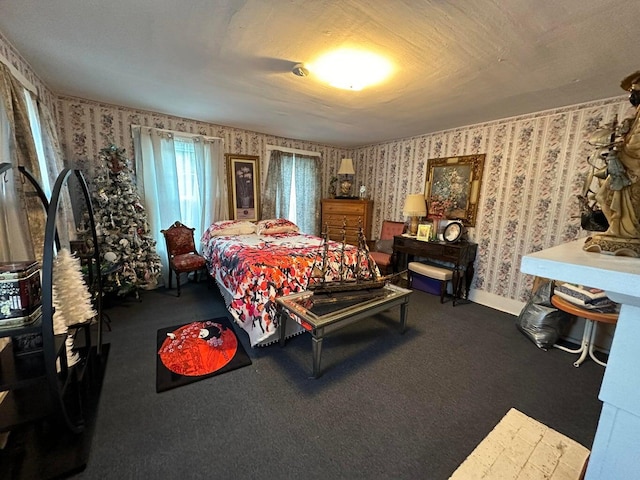 344 Main St, Lincoln, ME 04457 - bedroom featuring baseboards, wallpapered walls, and carpet floors