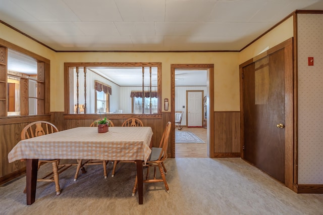 dining area with wooden walls, a wainscoted wall, and crown molding