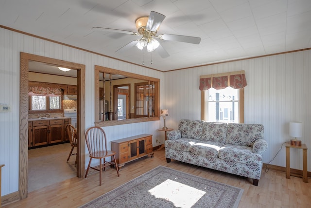 living area with light wood-style floors, ornamental molding, a ceiling fan, and a wealth of natural light