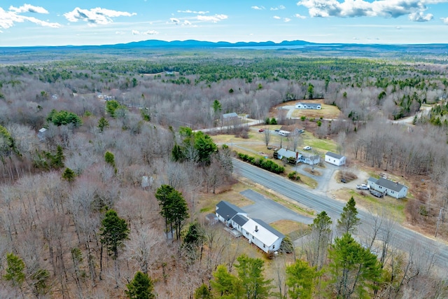 drone / aerial view with a forest view, a rural view, and a mountain view