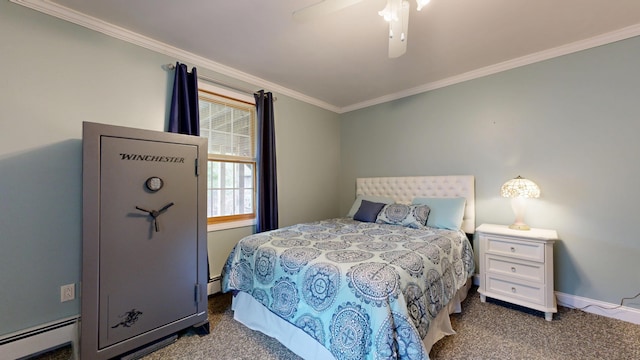 bedroom featuring a baseboard radiator, baseboards, carpet flooring, ceiling fan, and crown molding