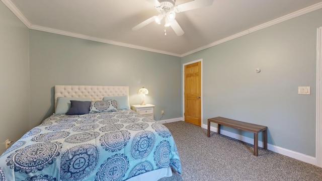 bedroom with crown molding, carpet, baseboards, and a ceiling fan