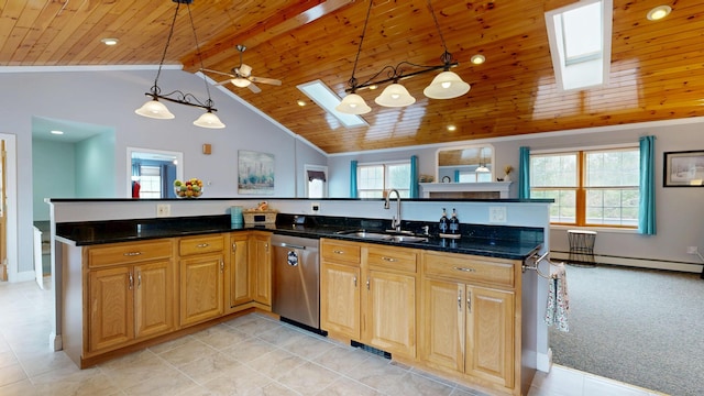 kitchen featuring dishwasher, wood ceiling, a skylight, and a sink