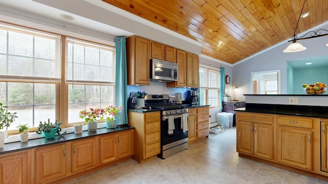 kitchen with wood ceiling, pendant lighting, crown molding, appliances with stainless steel finishes, and lofted ceiling