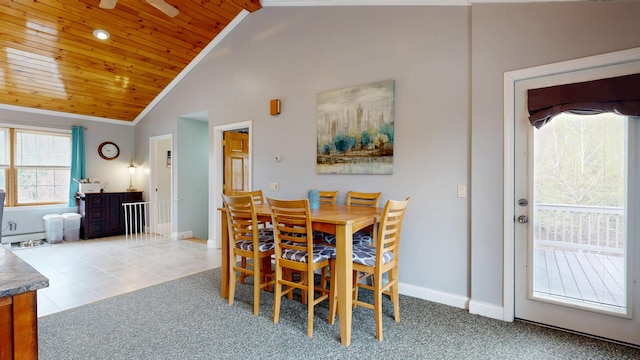 carpeted dining area featuring lofted ceiling, wooden ceiling, and baseboards