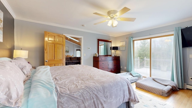 bedroom with access to outside, wood-type flooring, ornamental molding, and ceiling fan