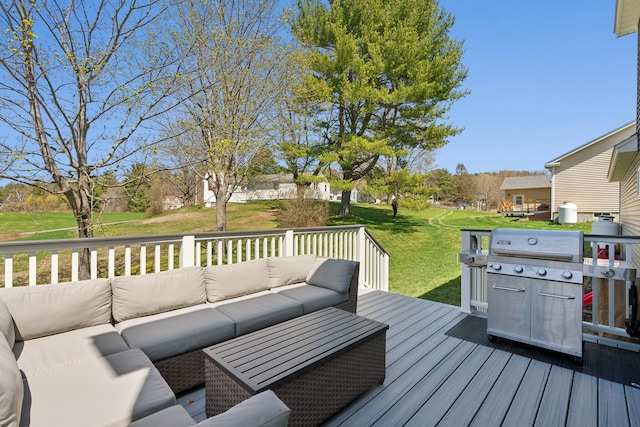 wooden deck with a yard, outdoor lounge area, and area for grilling