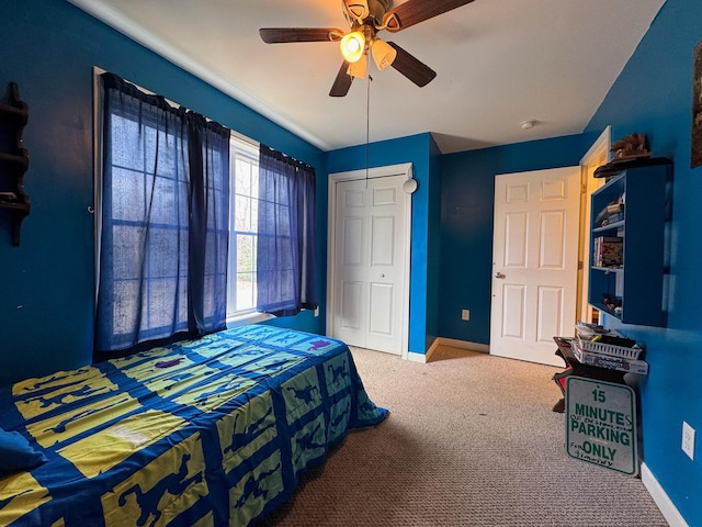 242 Bottle Lake Rd, Springfield, ME 04487 - bedroom with carpet floors, a ceiling fan, baseboards, and a closet