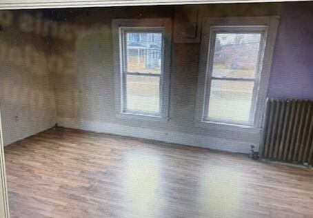 empty room featuring plenty of natural light, radiator, and wood finished floors