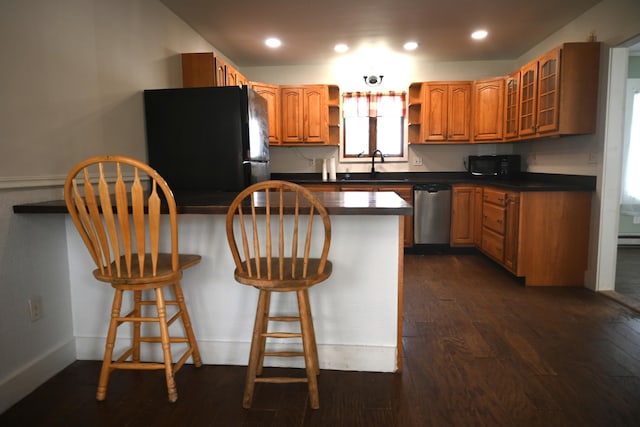 12 Preble St, Bingham, ME 04920 - kitchen featuring freestanding refrigerator, stainless steel dishwasher, open shelves, dark countertops, and recessed lighting