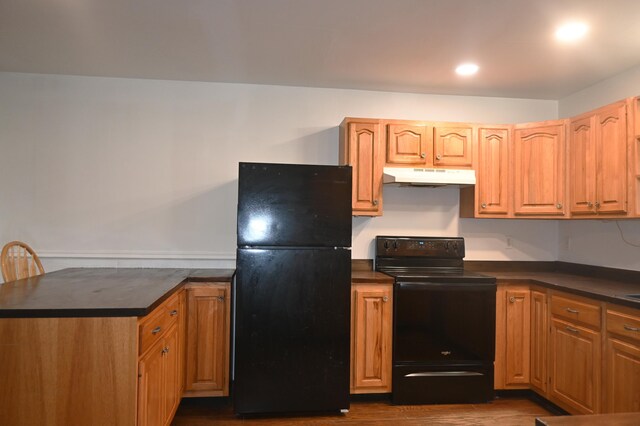 12 Preble St, Bingham, ME 04920 - kitchen with black appliances, under cabinet range hood, dark countertops, and dark wood-style floors