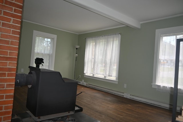 12 Preble St, Bingham, ME 04920 - sitting room featuring baseboard heating, wood finished floors, healthy amount of natural light, crown molding, and beamed ceiling