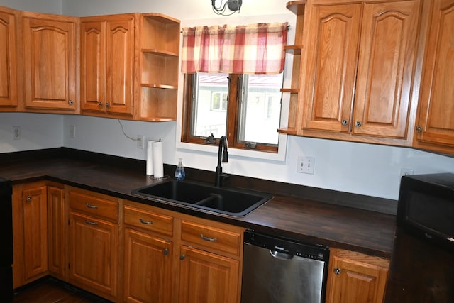 12 Preble St, Bingham, ME 04920 - kitchen featuring dishwasher, dark countertops, open shelves, and brown cabinetry