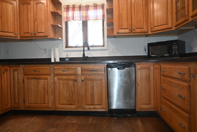 12 Preble St, Bingham, ME 04920 - kitchen with stainless steel dishwasher, open shelves, black microwave, dark countertops, and brown cabinetry