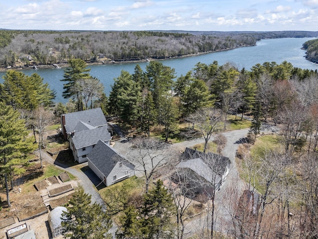 bird's eye view featuring a water view and a wooded view