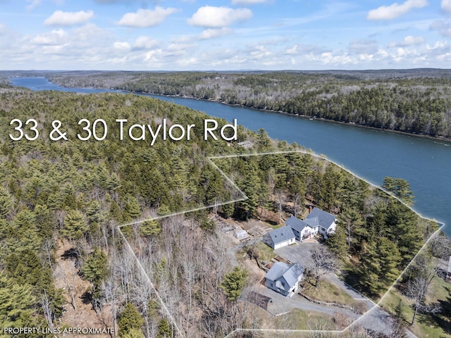 bird's eye view featuring a water view and a wooded view